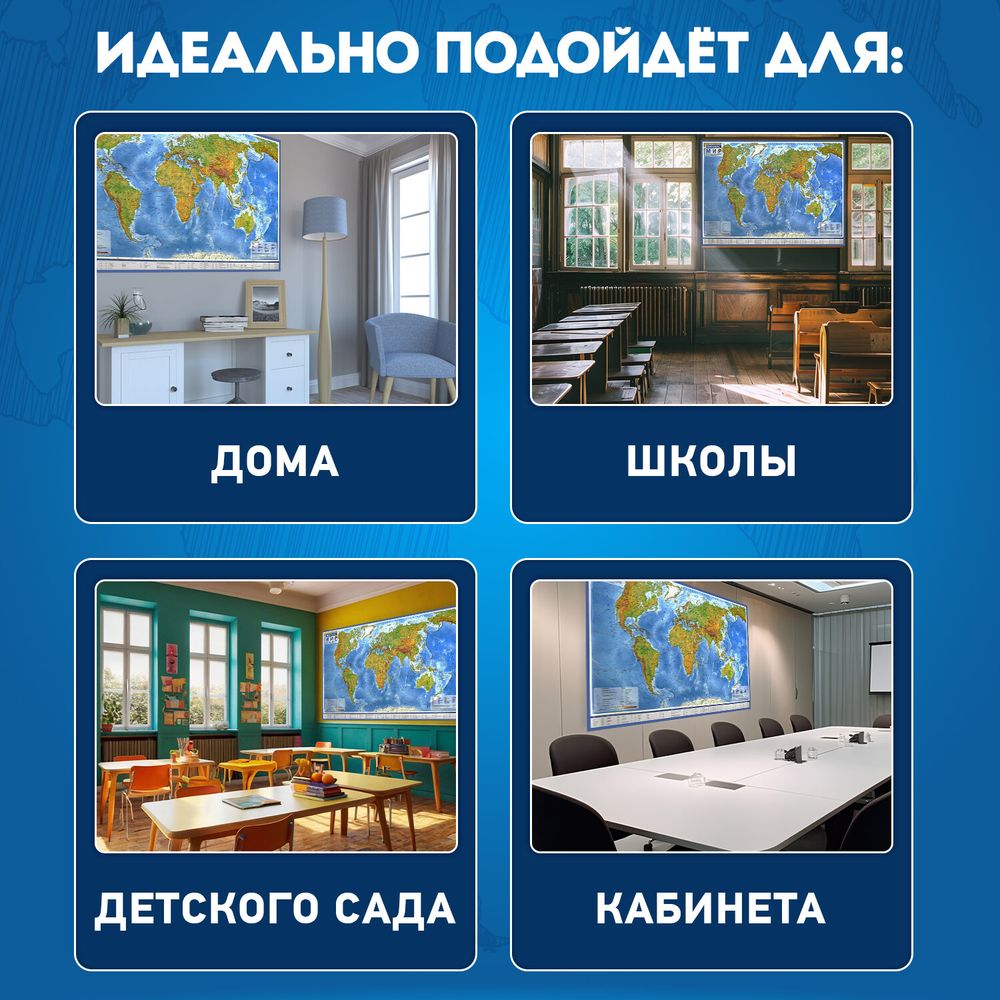 Карта мира физическая 120х78 см, 1:25М, с ламинацией, интерактивная, в тубусе, BRAUBERG