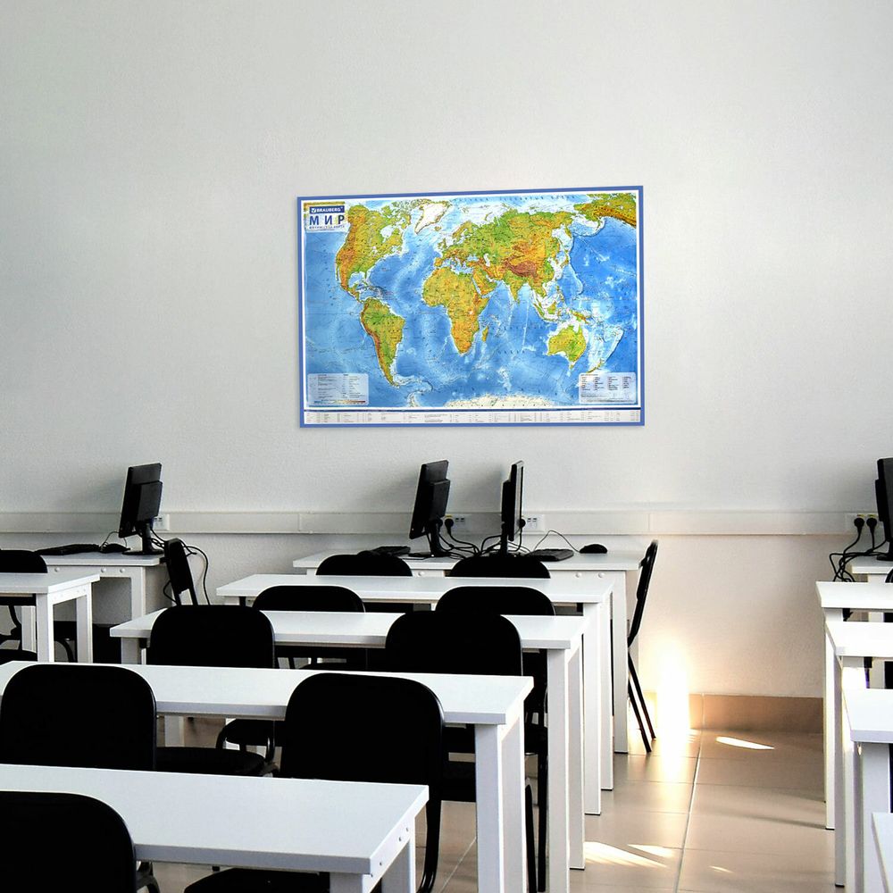 Карта мира физическая 120х78 см, 1:25М, с ламинацией, интерактивная, в тубусе, BRAUBERG