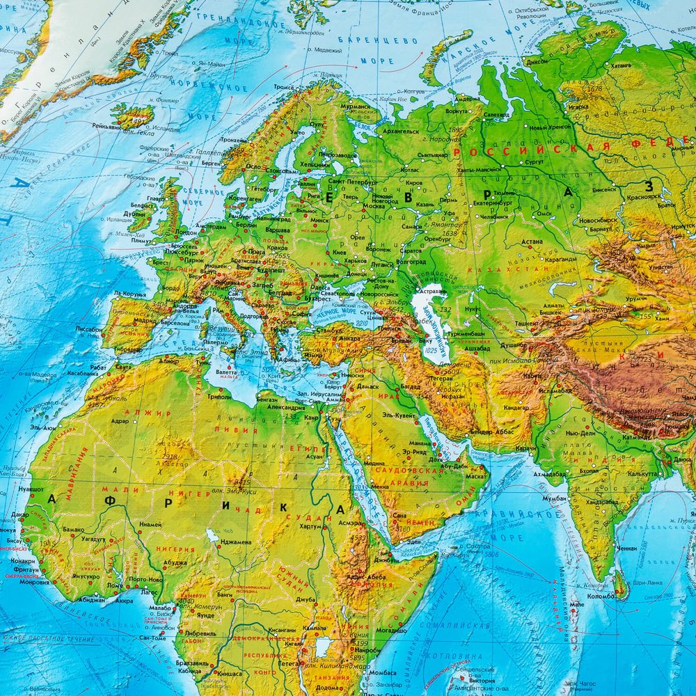 Карта мира физическая 157х107 см, 1:21,5М, с ламинацией, интерактивная, в тубусе, BRAUBERG