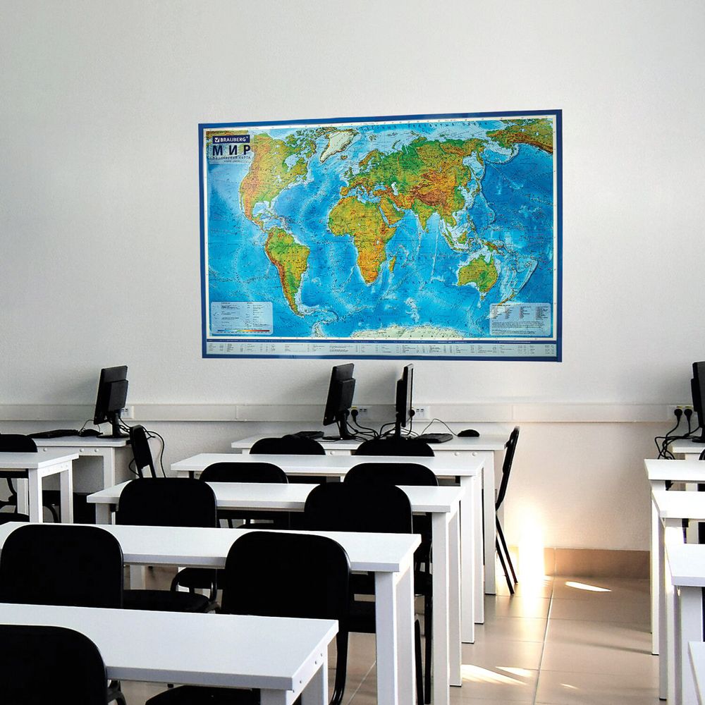 Карта мира физическая 199х134 см, 1:15,5М, с ламинацией, интерактивная, в тубусе, BRAUBERG