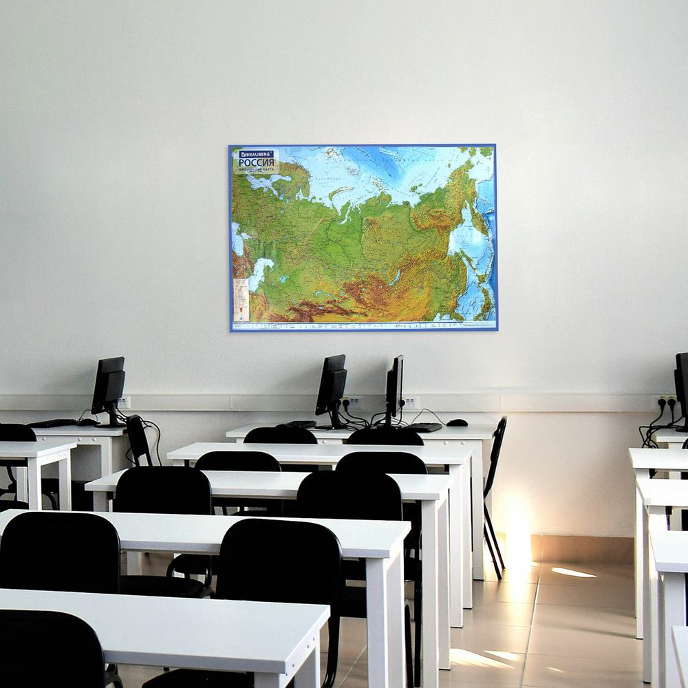 Карта России физическая 116х80 см, 1:7,5М, с ламинацией, интерактивная, в тубусе, BRAUBERG