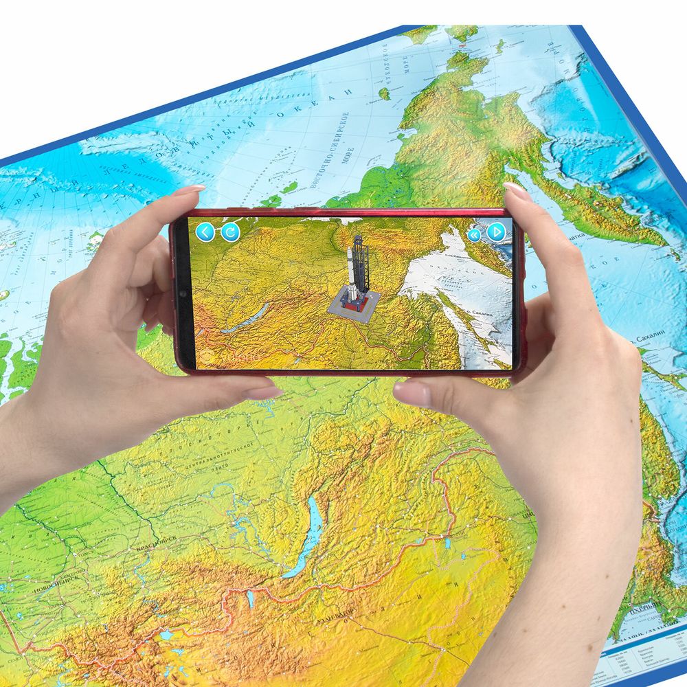 Карта России физическая 157х107 см, 1:5,5М, с ламинацией, интерактивная, в тубусе, BRAUBERG