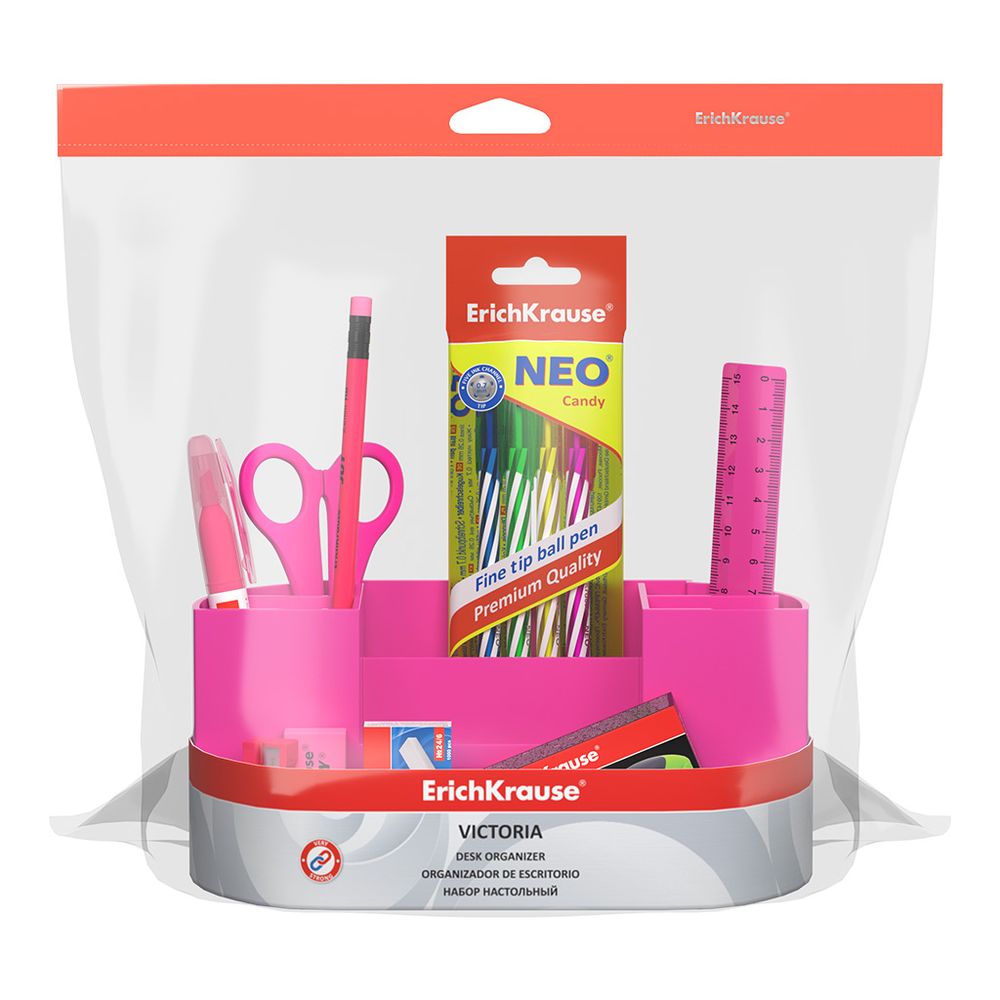 Набор настольный пластиковый ErichKrause Victoria, Neon Solid, розовый