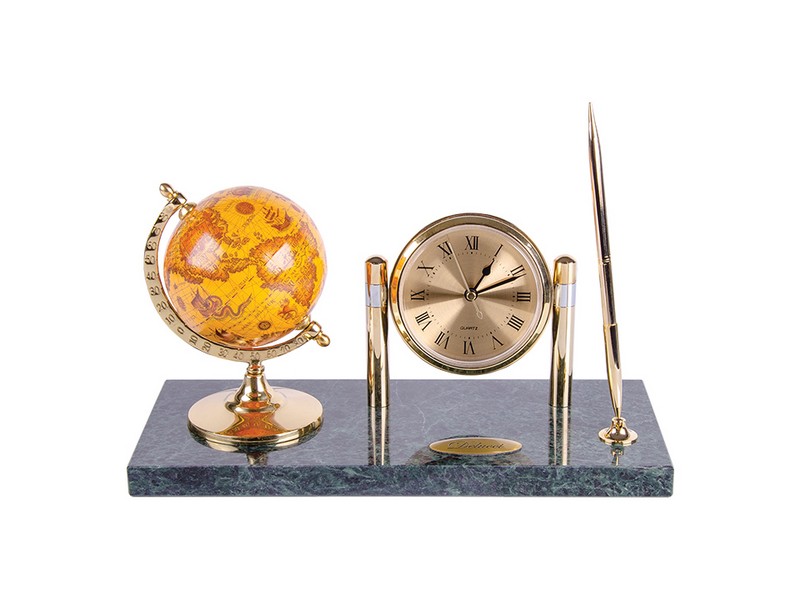 Подставка под ручку Delucci с глобусом и часами, зеленый мрамор