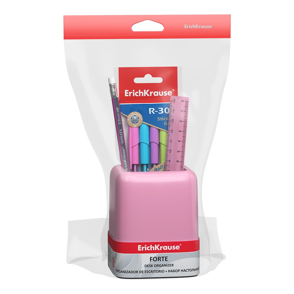 Набор настольный пластиковый ErichKrause Forte, Pastel, розовый с серой вставкой