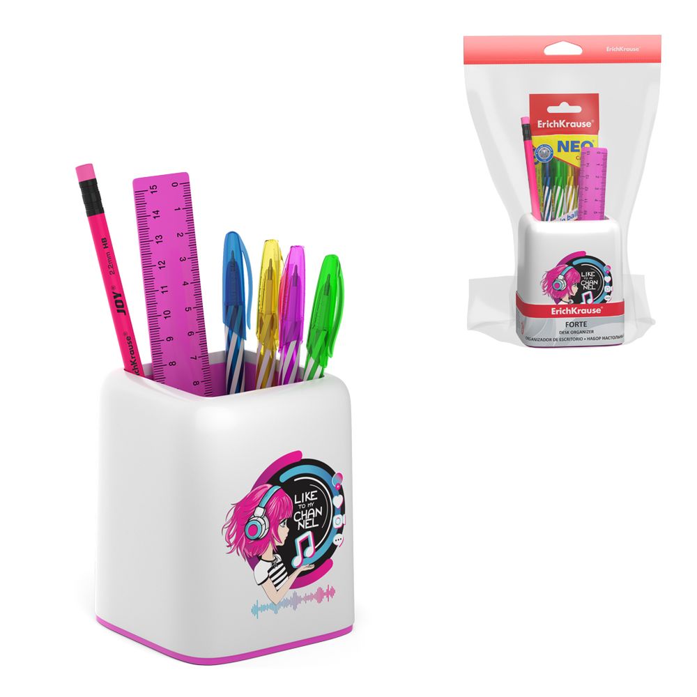 Набор настольный пластиковый ErichKrause Forte, Top Blogger, белый с розовой вставкой