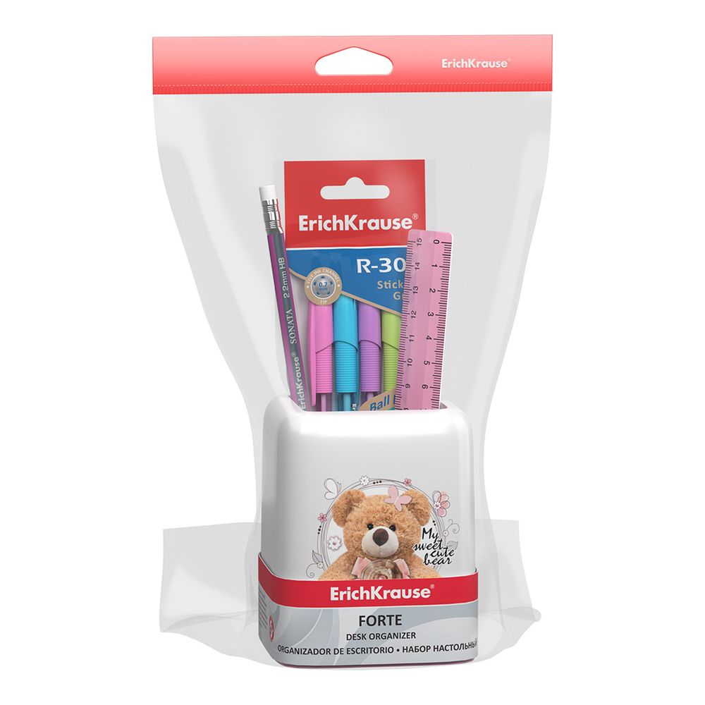 Набор настольный пластиковый ErichKrause Forte, Teddy Bear, белый с розовой вставкой