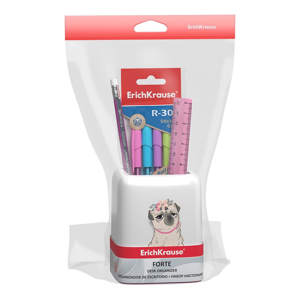 Набор настольный пластиковый ErichKrause Forte, Chilling Dog, белый с розовой вставкой