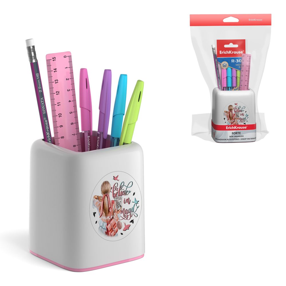 Набор настольный пластиковый ErichKrause Forte, Fashion Girls, белый с розовой вставкой