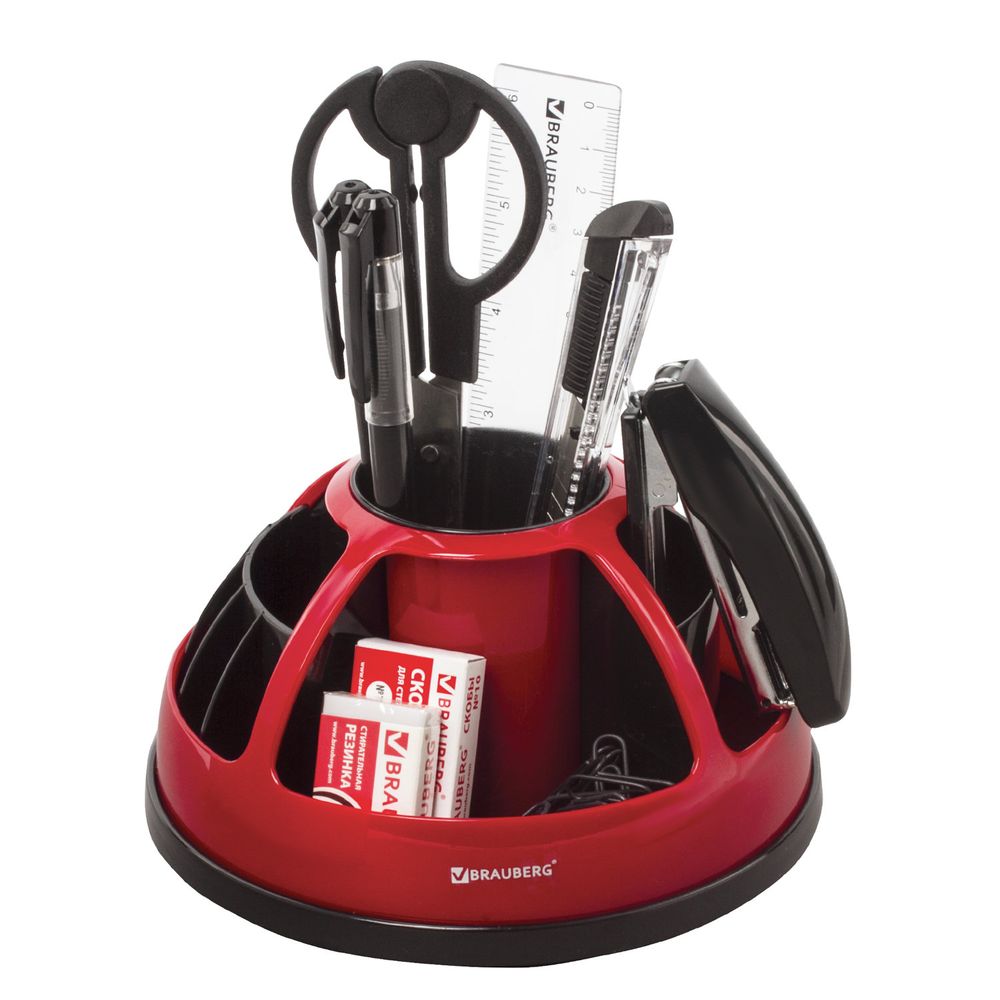 Канцелярский набор BRAUBERG "Микс", 10 предметов, вращающаяся конструкция, черно-красный, блистер