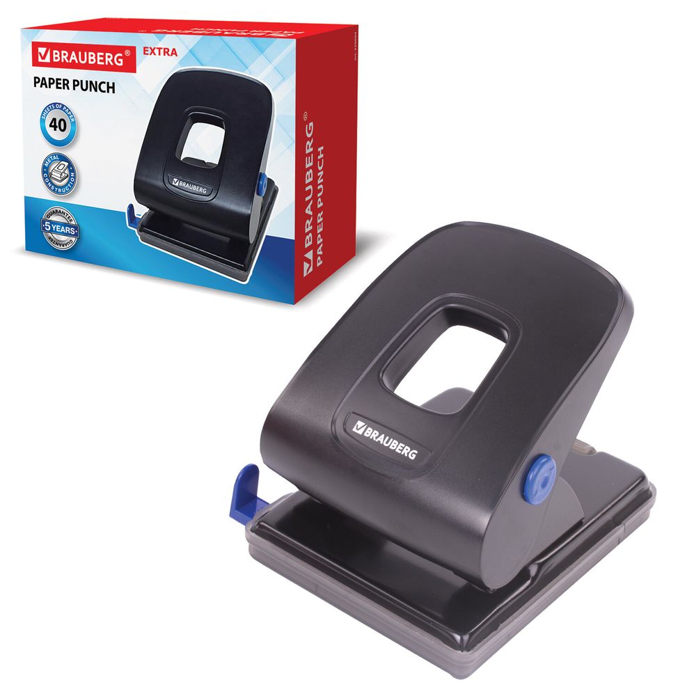 Дырокол металлический BRAUBERG "Extra", до 40 листов, черный