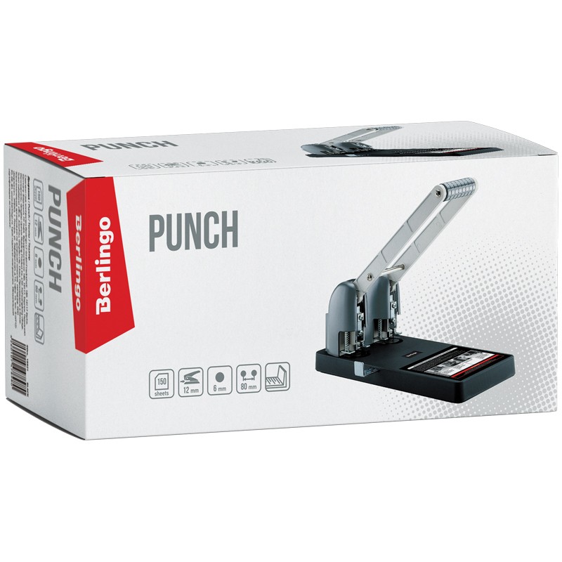 Дырокол мощный Berlingo "Heavy Duty" 150л., черный, с линейкой