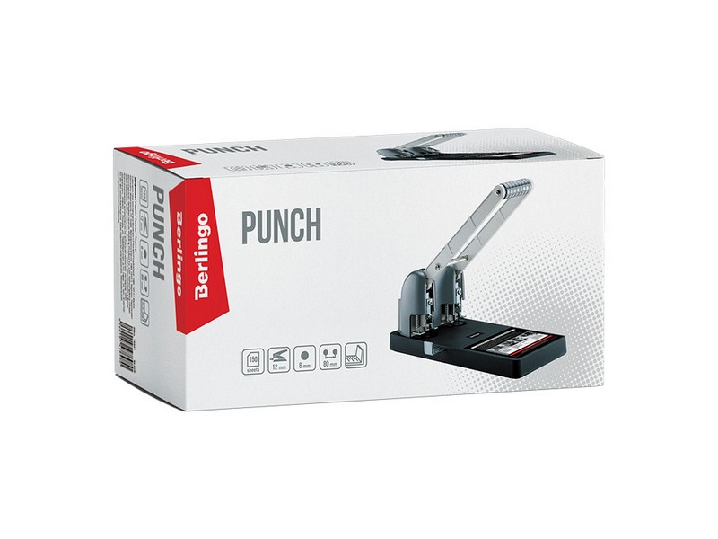 Дырокол мощный Berlingo "Heavy Duty" 150л., черный, с линейкой