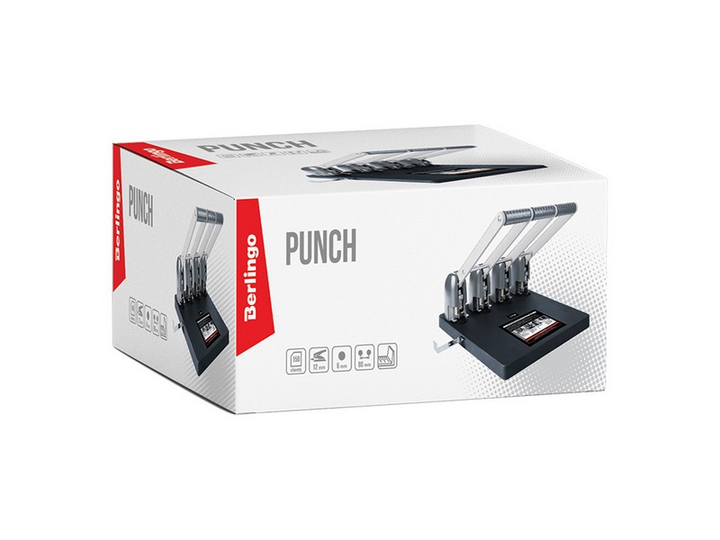 Дырокол мощный на четыре отверстия Berlingo "Heavy Duty" 150л., черный, с линейкой