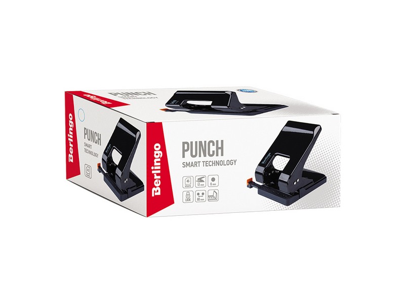 Дырокол энергосберегающий Berlingo "Smart Technology" 45л, металлический, фиксатор, линейка, черный