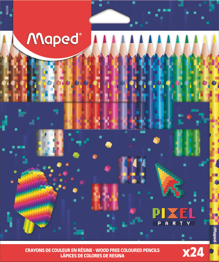 Цветные карандаши, MAPED PIXEL PARTY, пластиковые, треугольные, декорированные, 24 цвета, в картонной коробке с подвесом