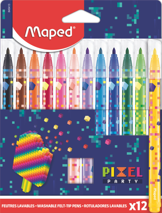 Фломастеры с заблокированным пишущим узлом, MAPED PIXEL PARTY, суперсмываемые, декорированные, 12 цветов, в картонной коробке с подвесом
