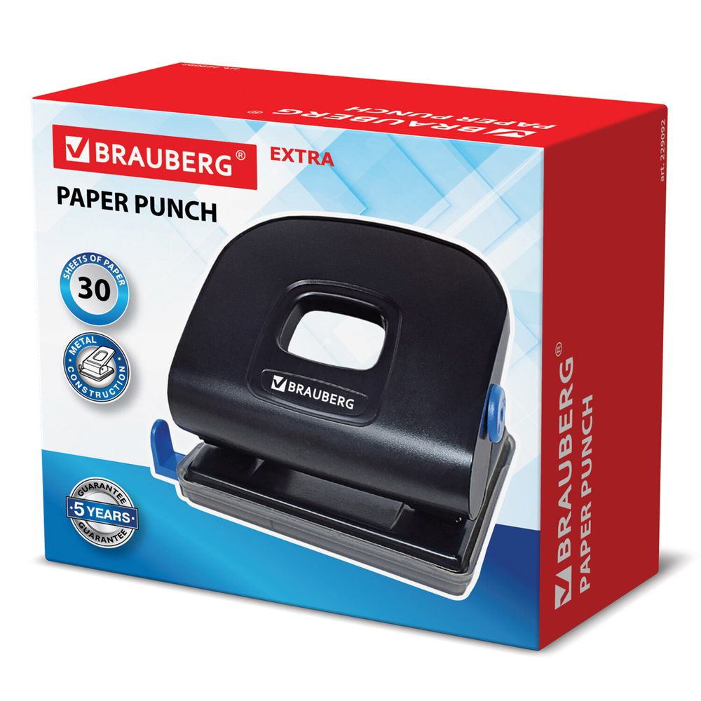 Дырокол металлический BRAUBERG "Extra", до 30 листов, черный