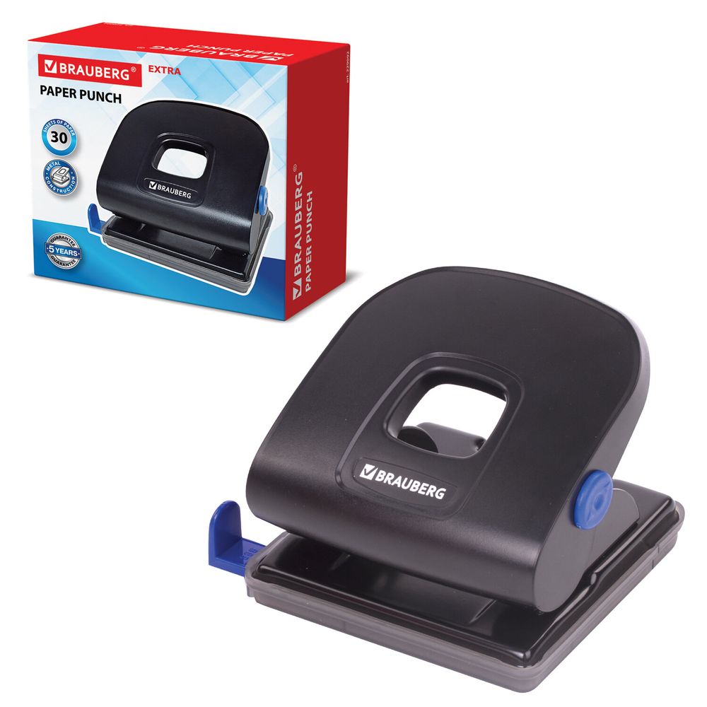 Дырокол металлический BRAUBERG "Extra", до 30 листов, черный