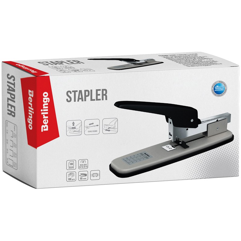 Мощный степлер №23/6, 23/8, 23/10, 23/13 Berlingo "Steel and Style" до 100л., черный/серый