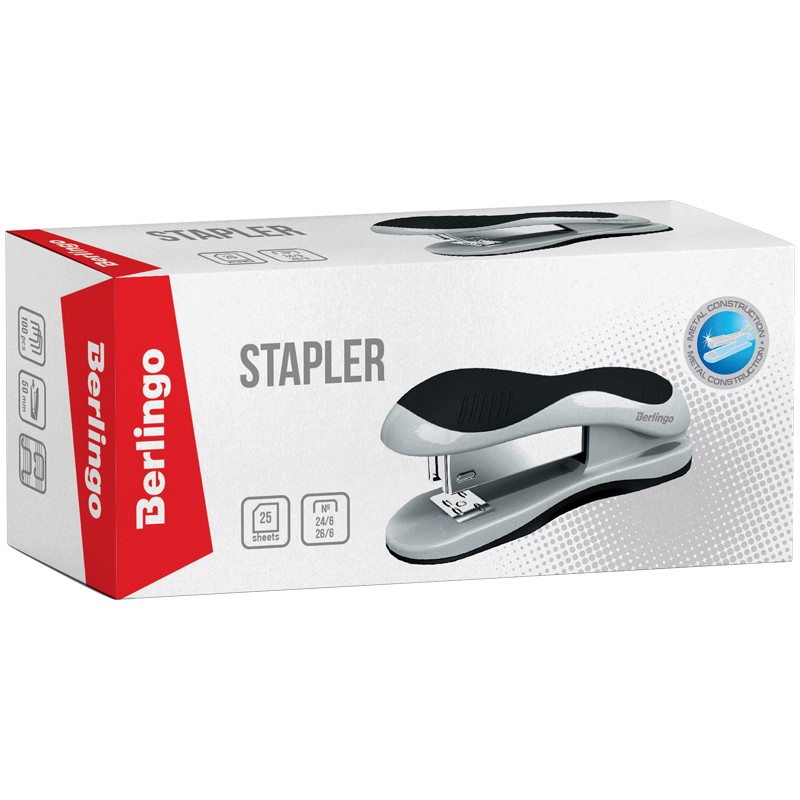 Степлер №24/6, 26/6 Berlingo "Office Soft" до 25л., пластиковый корпус, черный