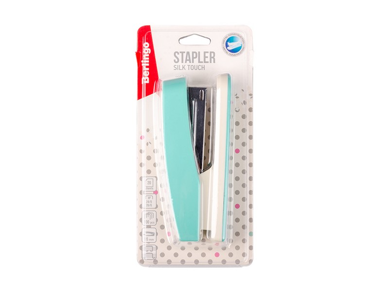 Степлер №24/6, 26/6 Berlingo "Silk Touch", до 20л., пластиковый корпус, мятный