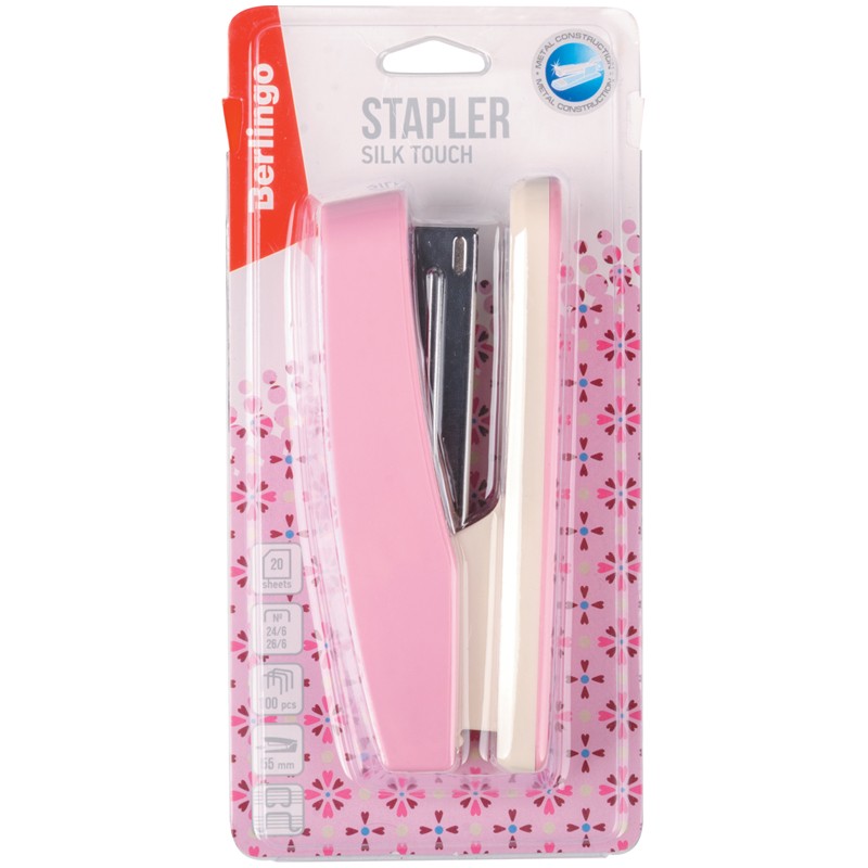 Степлер №24/6, 26/6 Berlingo "Silk Touch", до 20л., пластиковый корпус, розовый