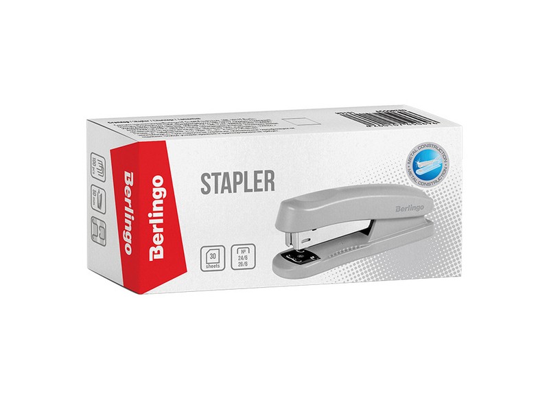 Степлер №24/6, 26/6 Berlingo "Universal" до 30л., пластиковый корпус, серый