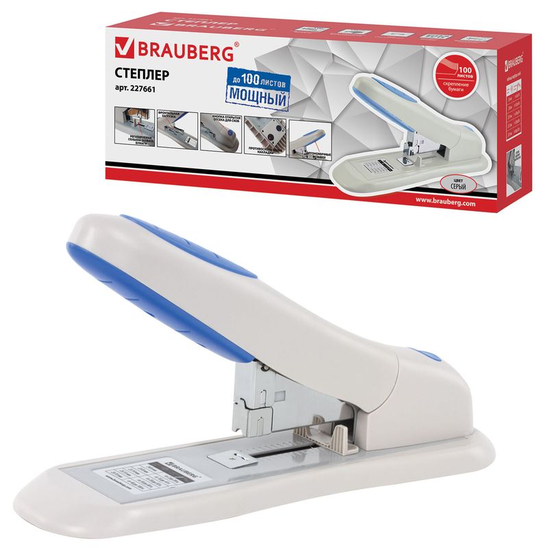 Степлер МОЩНЫЙ №24/6-23/15 BRAUBERG "Heavy duty PRO", до 100 листов, эргономичный, серо-синий