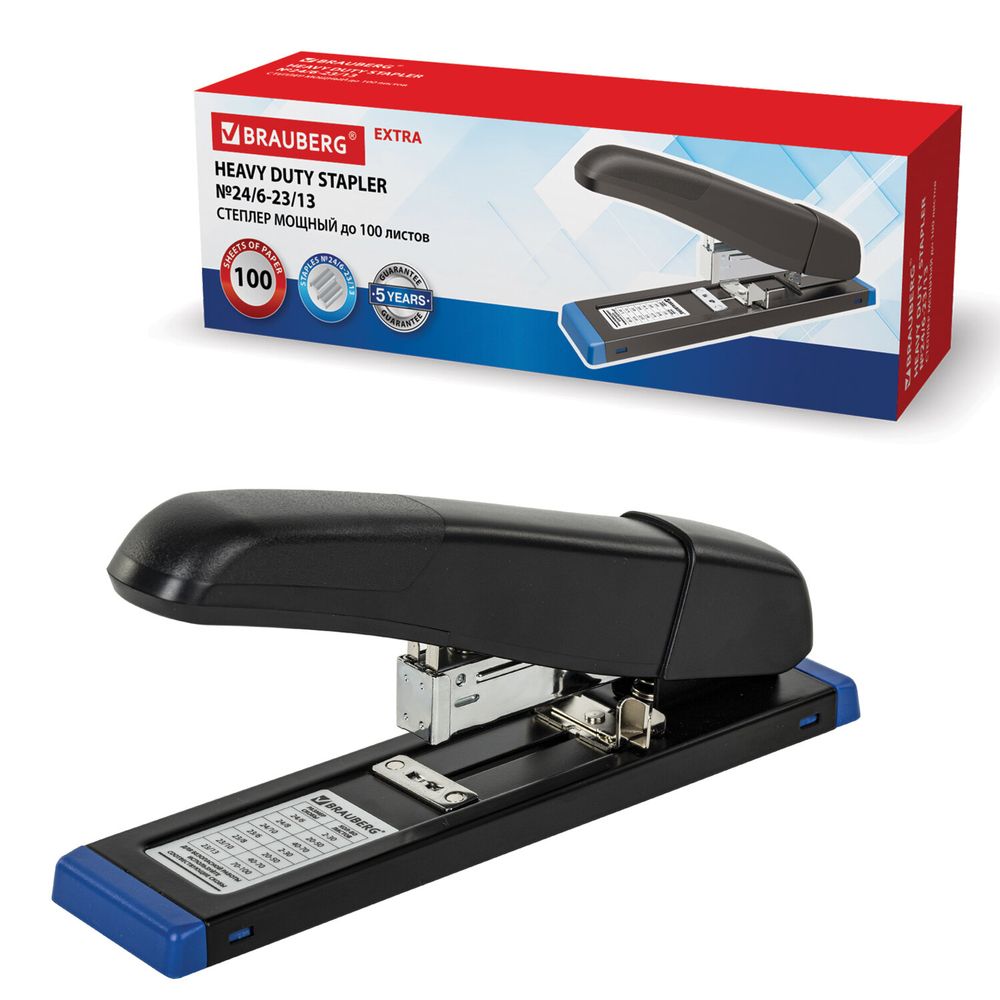 Степлер МОЩНЫЙ до 100 листов BRAUBERG "Heavy Duty Extra", скобы № 24/6-23/13