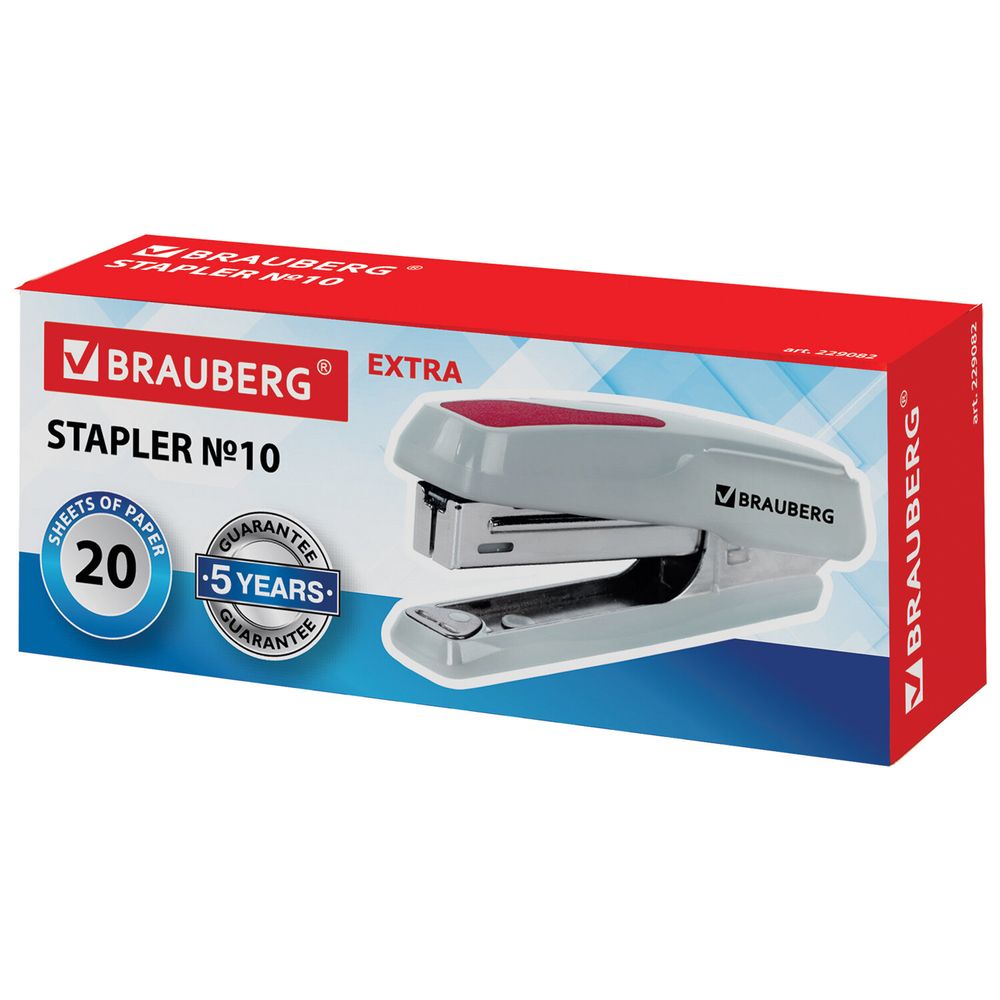 Степлер №10 BRAUBERG "Extra", до 20 листов, антистеплер, серо-красный