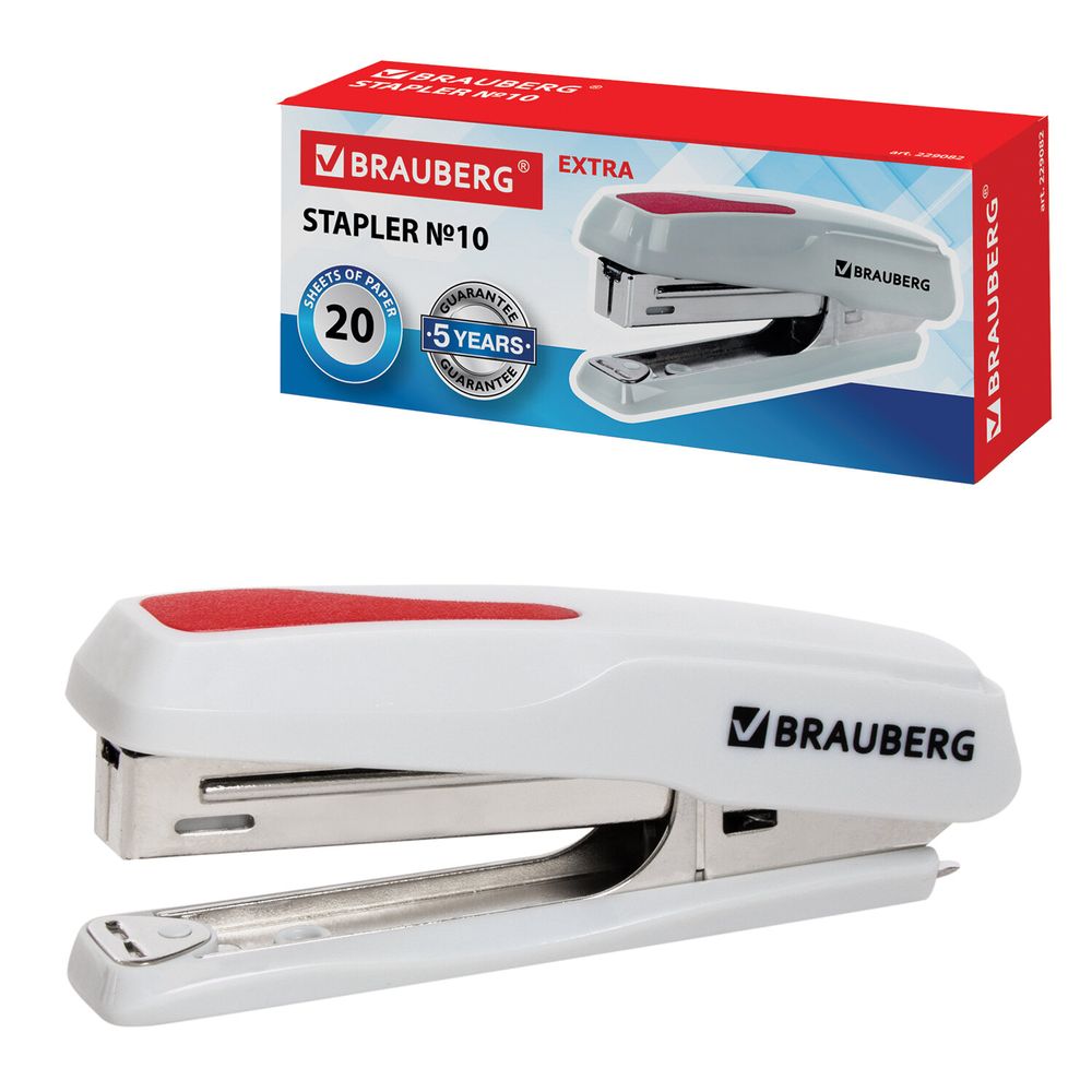 Степлер №10 BRAUBERG "Extra", до 20 листов, антистеплер, серо-красный