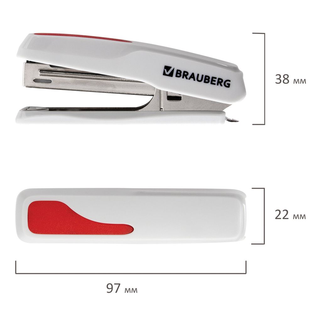 Степлер №10 BRAUBERG "Extra", до 20 листов, антистеплер, серо-красный