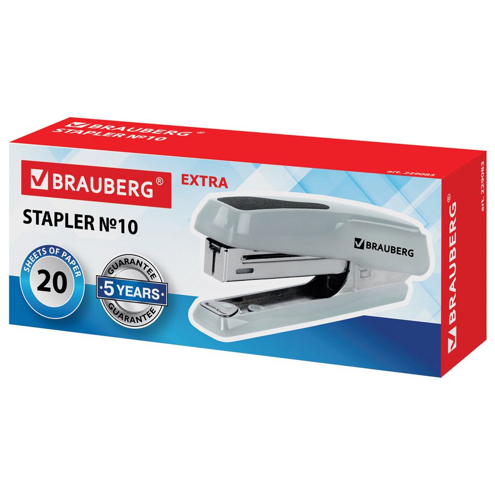 Степлер №10 BRAUBERG "Extra", до 20 листов, антистеплер, серый