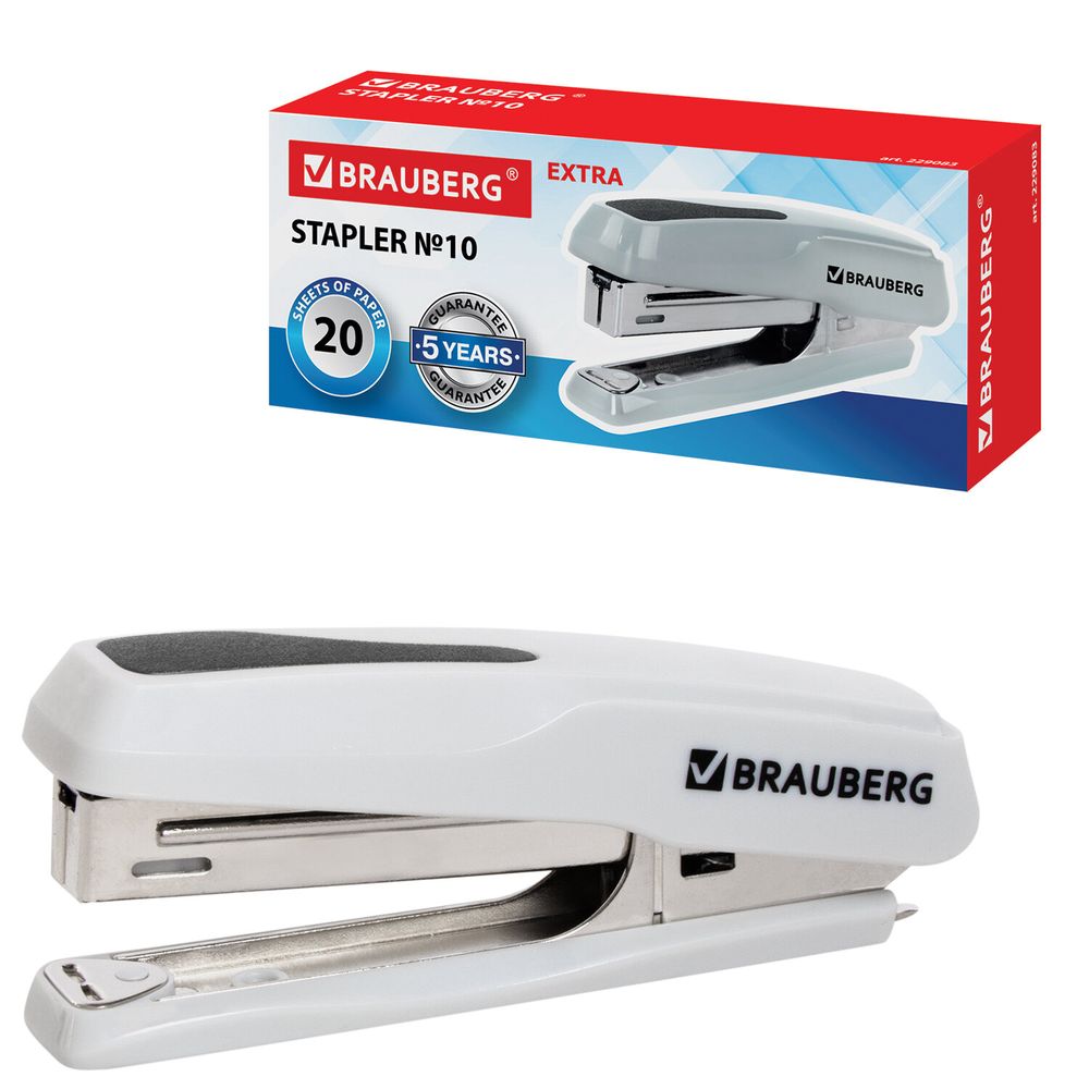 Степлер №10 BRAUBERG "Extra", до 20 листов, антистеплер, серый