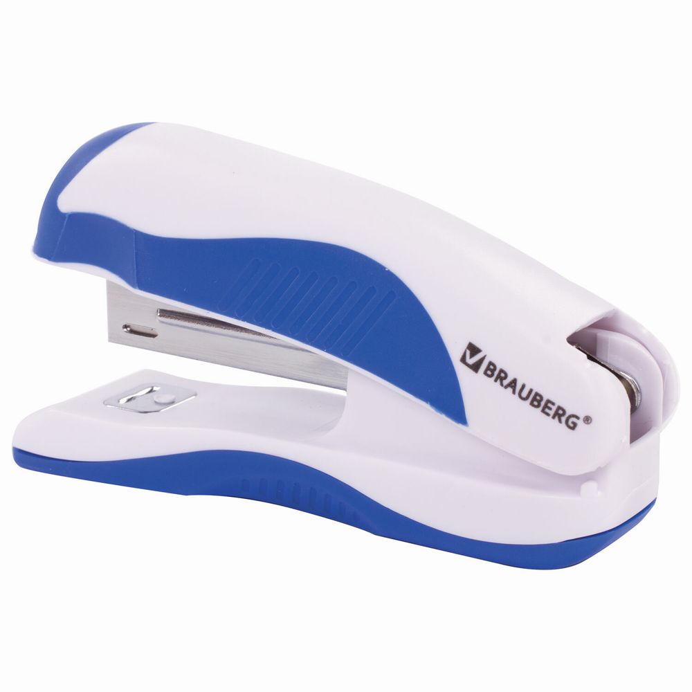 Степлер №10 BRAUBERG "JET PRO", до 12 листов, эргономичный, бело-синий