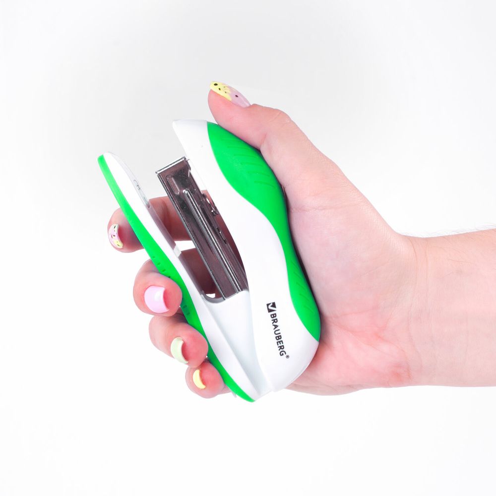 Степлер №10 BRAUBERG "JET", до 15 листов, эргономичный, бело-зеленый