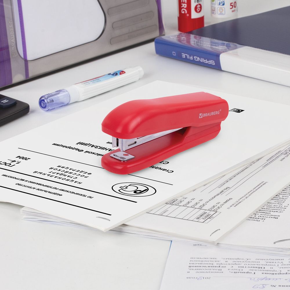 Степлер №10 BRAUBERG "SX-19", до 12 листов, с антистеплером, красный