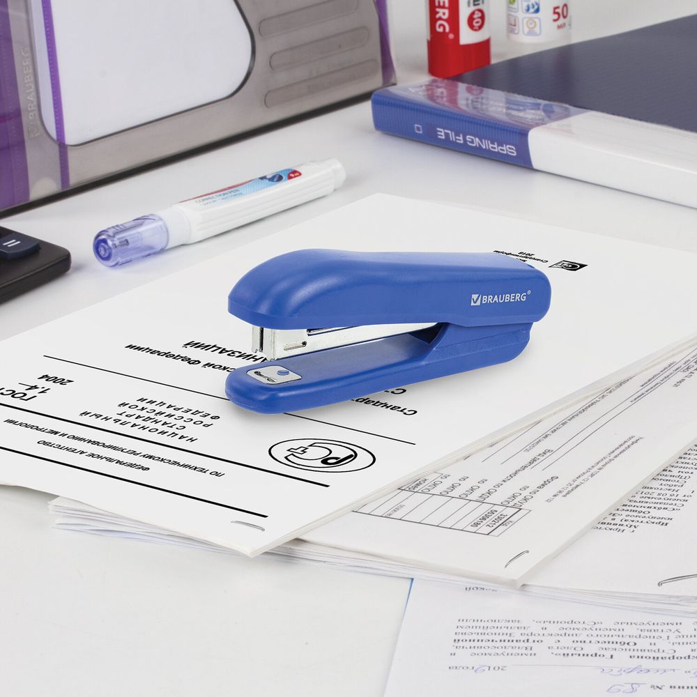 Степлер №10 BRAUBERG "SX-19", до 12 листов, с антистеплером, синий