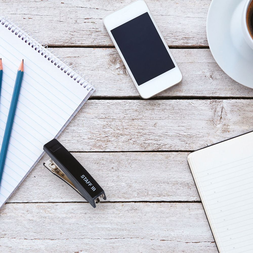 Степлер №10 STAFF "Basic", до 10 листов, с антистеплером, черный