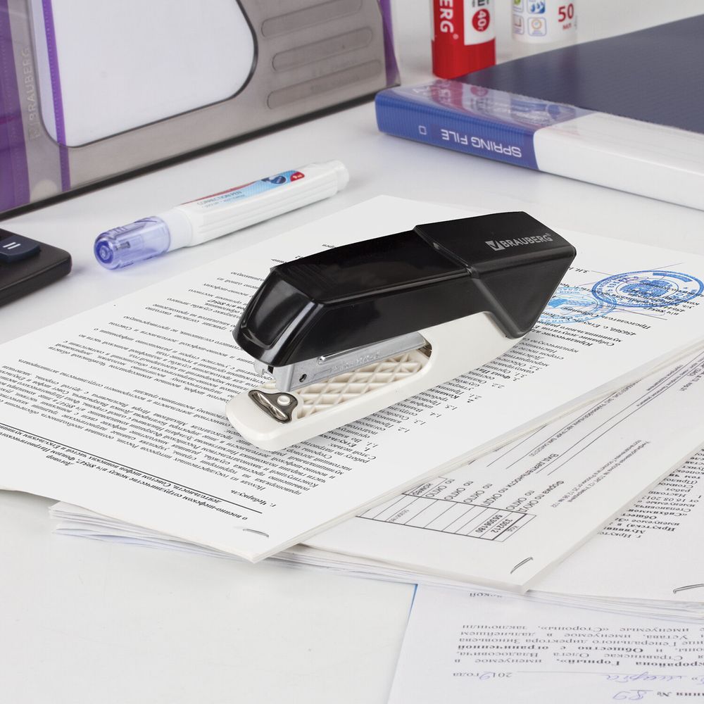 Степлер №24/6, 26/6 BRAUBERG "ADVANCED", до 20 листов, с антистеплером, черный