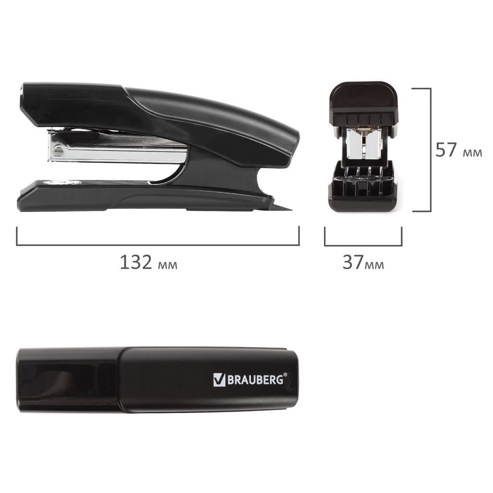 Степлер №24/6, 26/6 BRAUBERG "Black Jack", до 20 листов, антистеплер, черный