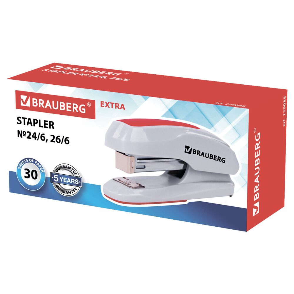 Степлер №24/6, 26/6 BRAUBERG "Extra", до 30 листов, серо-красный