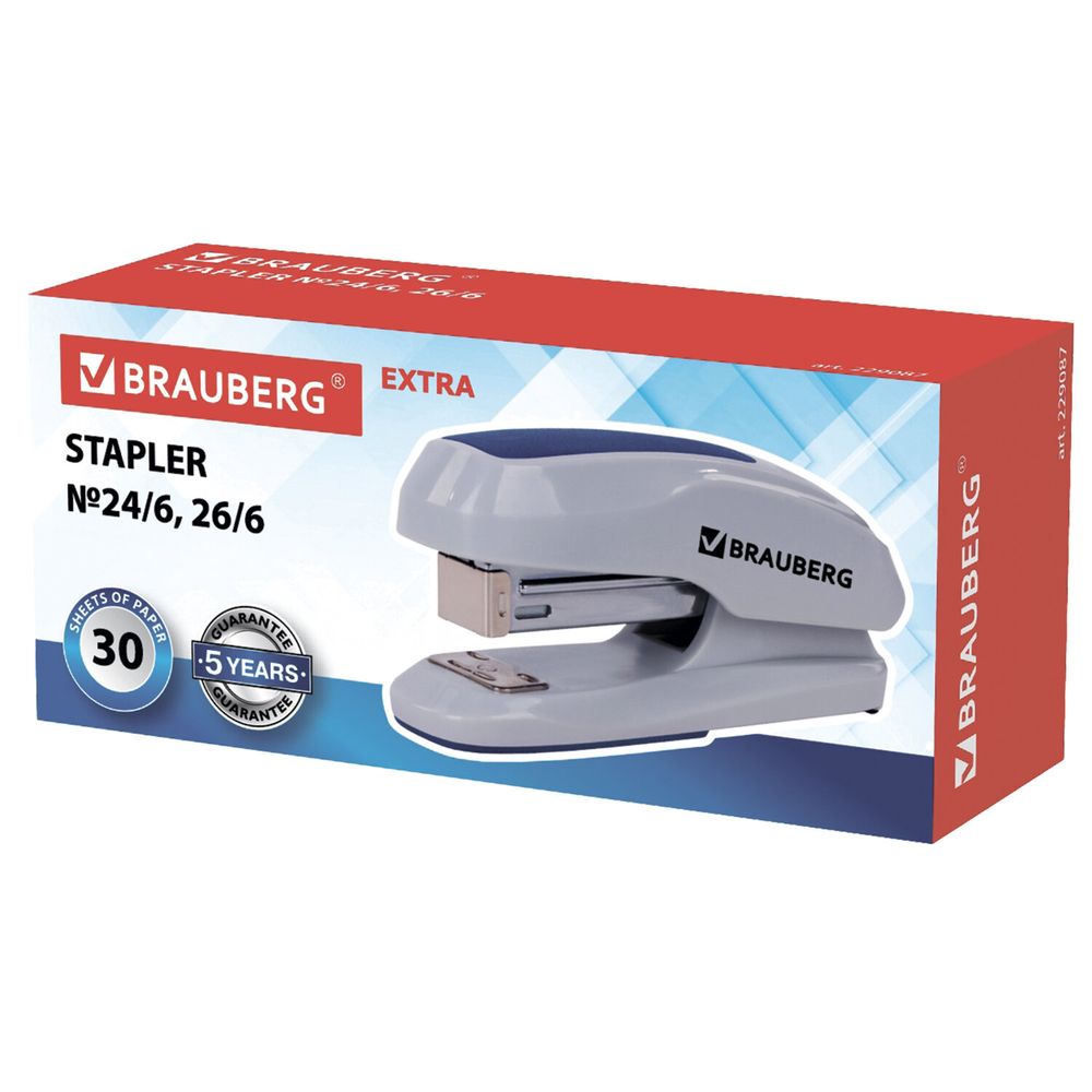 Степлер №24/6, 26/6 BRAUBERG "Extra", до 30 листов, серо-синий