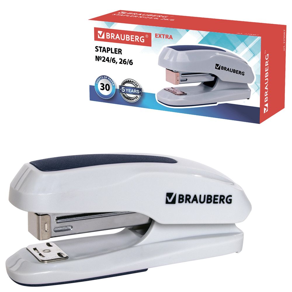 Степлер №24/6, 26/6 BRAUBERG "Extra", до 30 листов, серо-синий