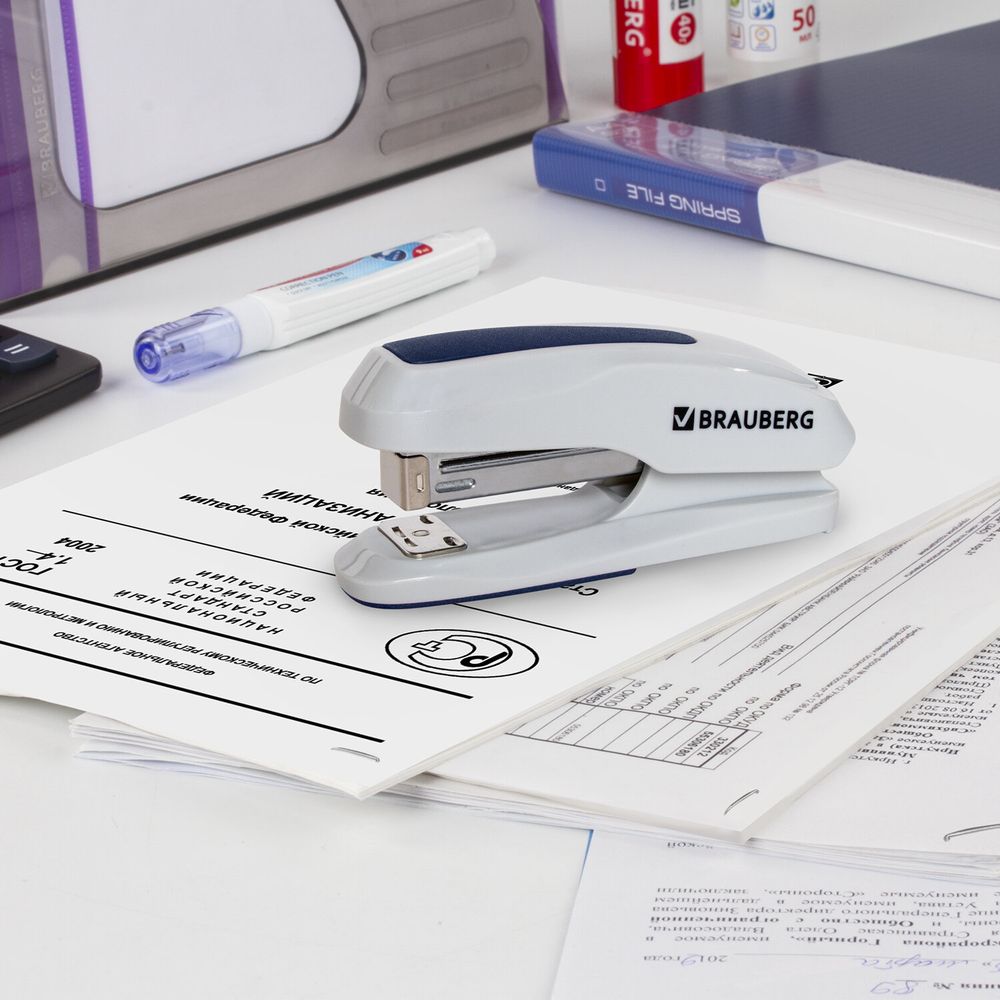 Степлер №24/6, 26/6 BRAUBERG "Extra", до 30 листов, серо-синий