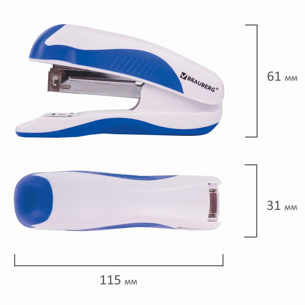 Степлер №24/6, 26/6 BRAUBERG "JET PRO", до 25 листов, эргономичный, бело-синий