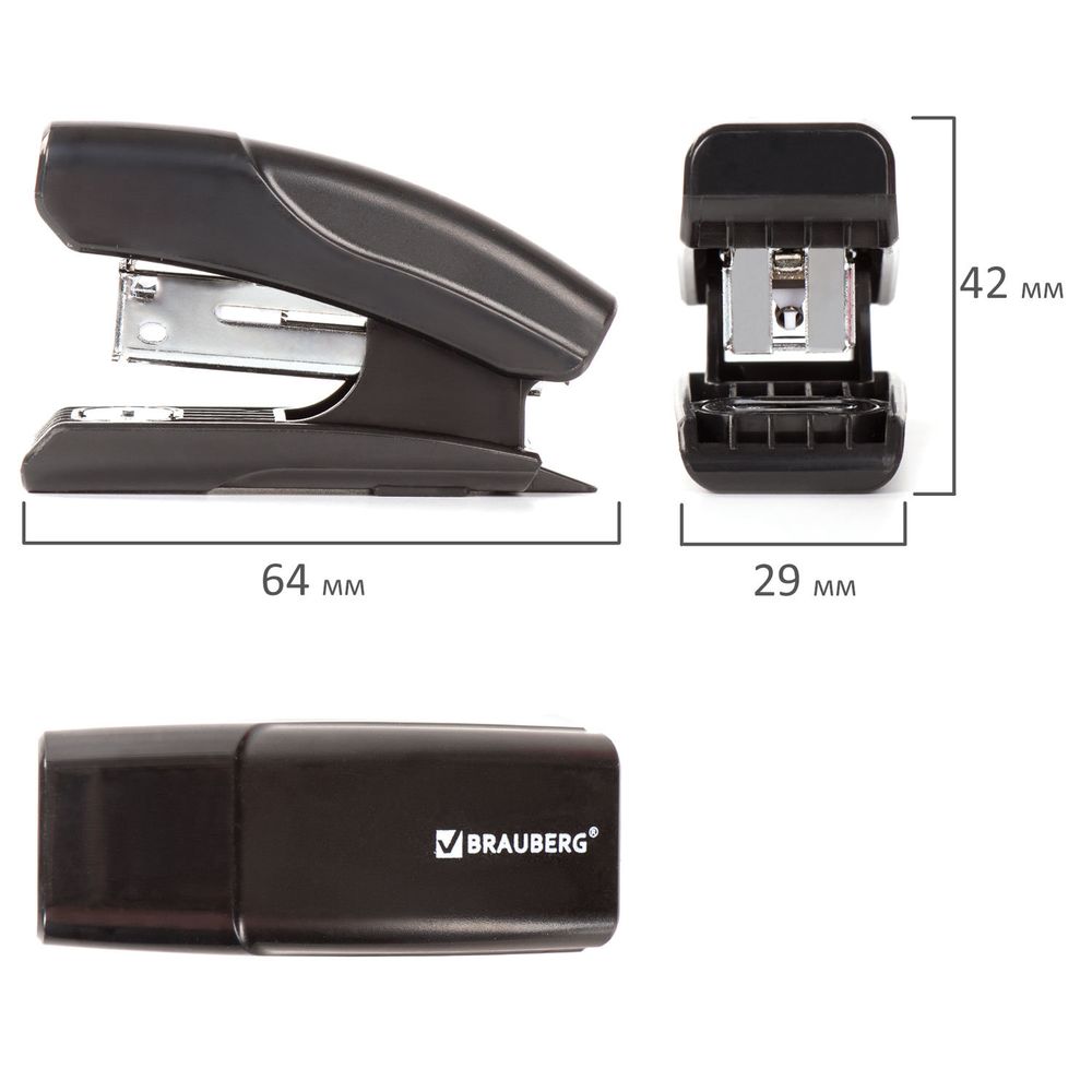 Степлер №24/6, 26/6 МИНИ BRAUBERG "Black Jack", до 18 листов, антистеплер, черный