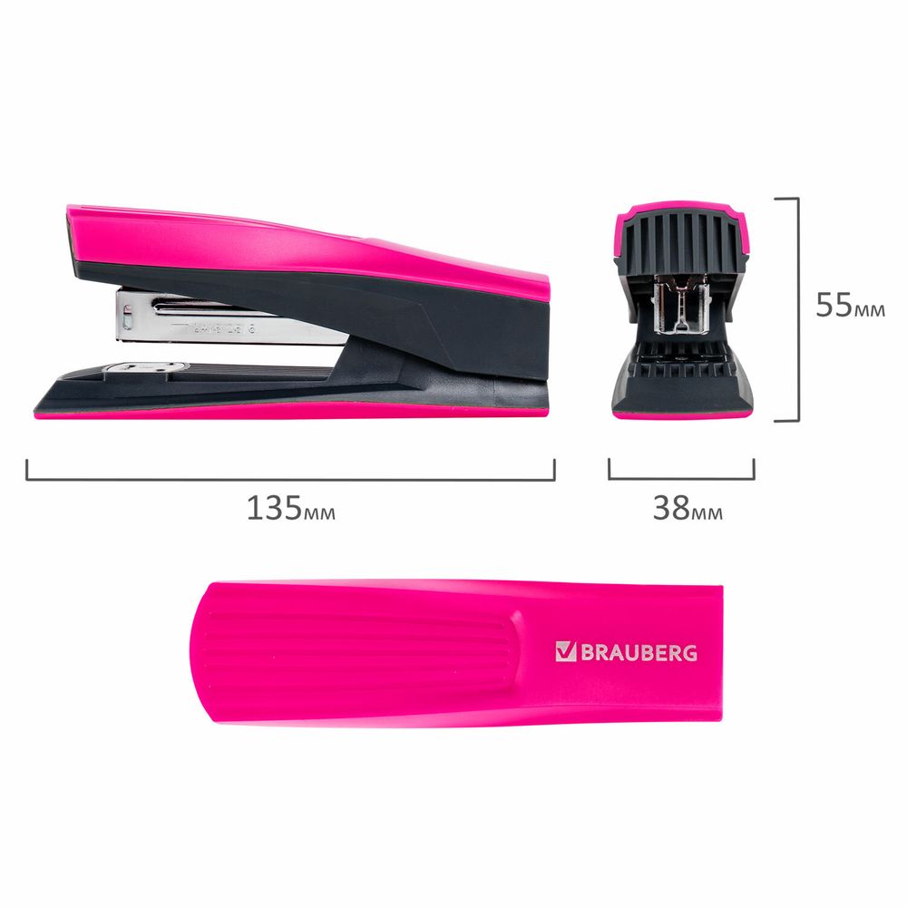 Степлер №24/6, 26/6 BRAUBERG "SUPER", до 30 листов, маджента и черный