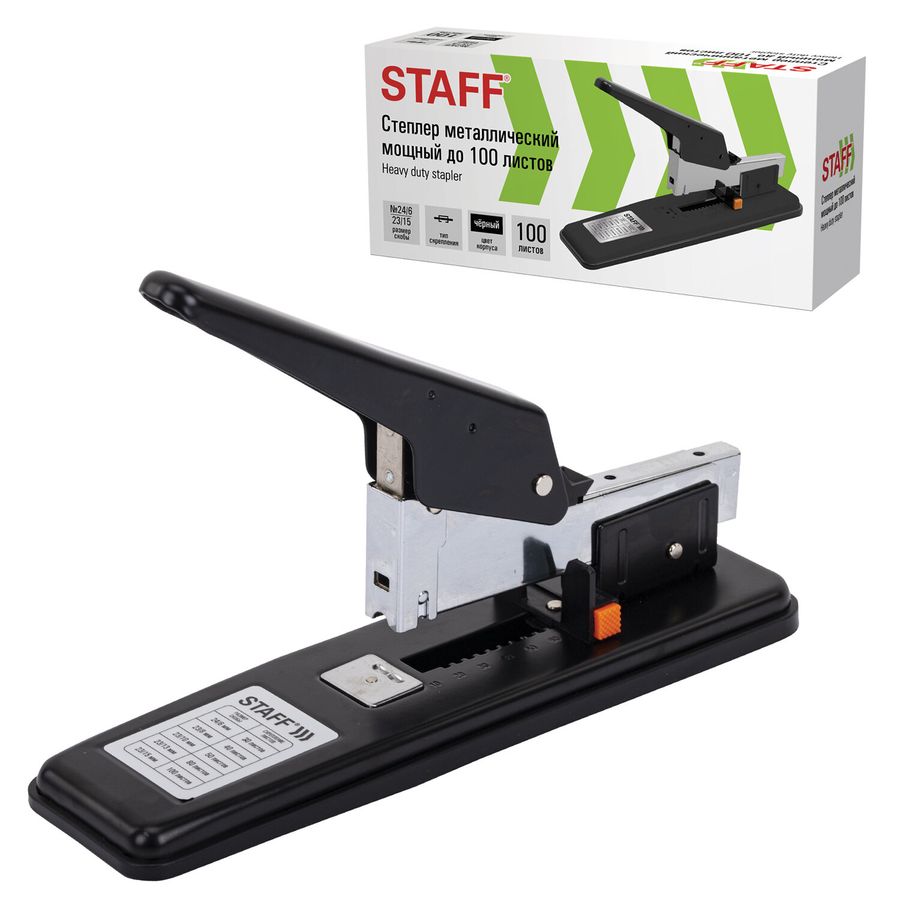 Степлер МОЩНЫЙ № 24/6-23/15 металлический STAFF "HEAVY DUTY ECO", до 100 листов, черный